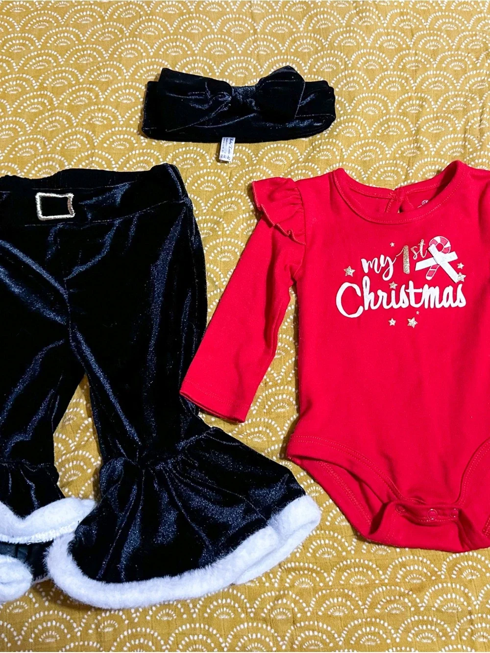 Baby Girls Red 'My 1st Christmas' Holiday Outfit with Black Velvet Pants